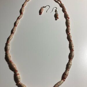 Handmade Vintage Pink Beaded Necklace and Earring Set, Made from paper